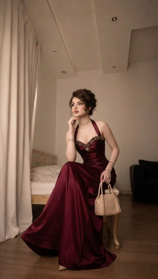 Halter Silky Elegant Corset Prom Gown , Burgundy Women's Maxi Evening Dress RS2268