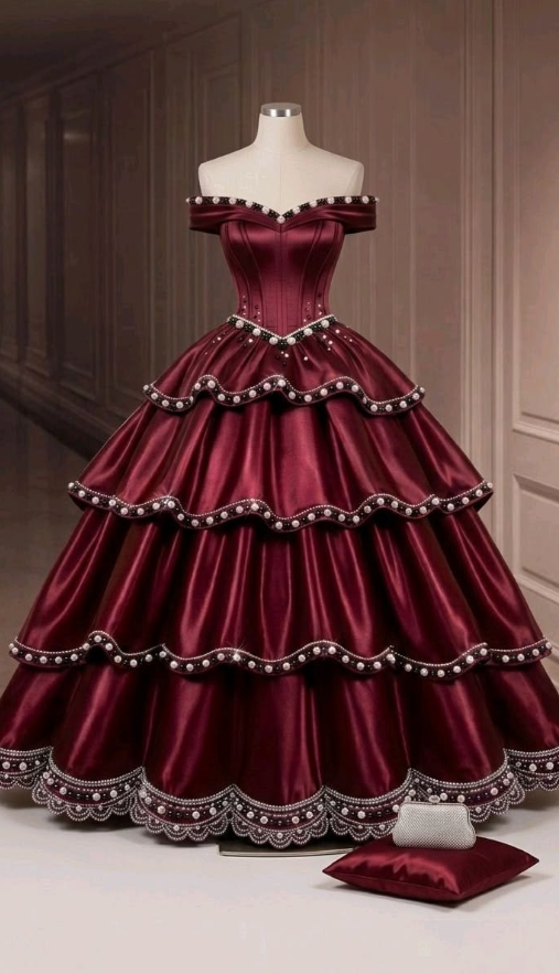 Ruffled Silky Beaded Corset Prom Gown , Burgundy Women's Maxi Evening Dress RS2269