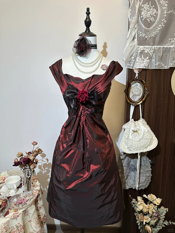 Dark red elegant temperament waist A-line slim short skirt homecoming dress R4241