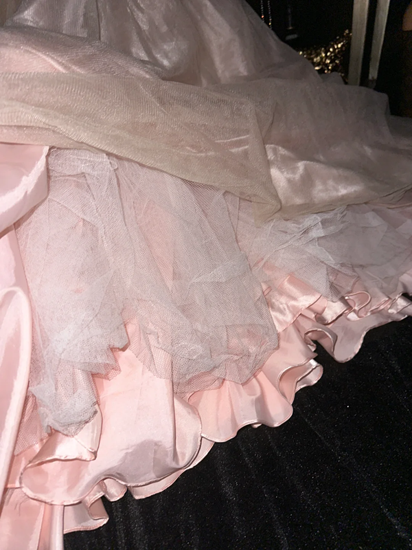 Light pink strapless rhinestone-embellished waist elegant fairy long ball gown R6904