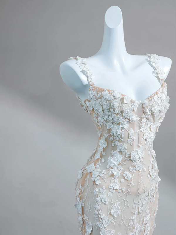 Pink suspenders and white flowers slim hip skirt, prom dress R5634