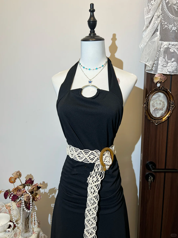 Black halterneck waist dark pleated slim sexy maxi dress homecoming dress R4323