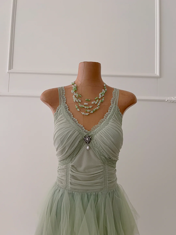 Light green suspender waist design puffy skirt homecoming dress R5194