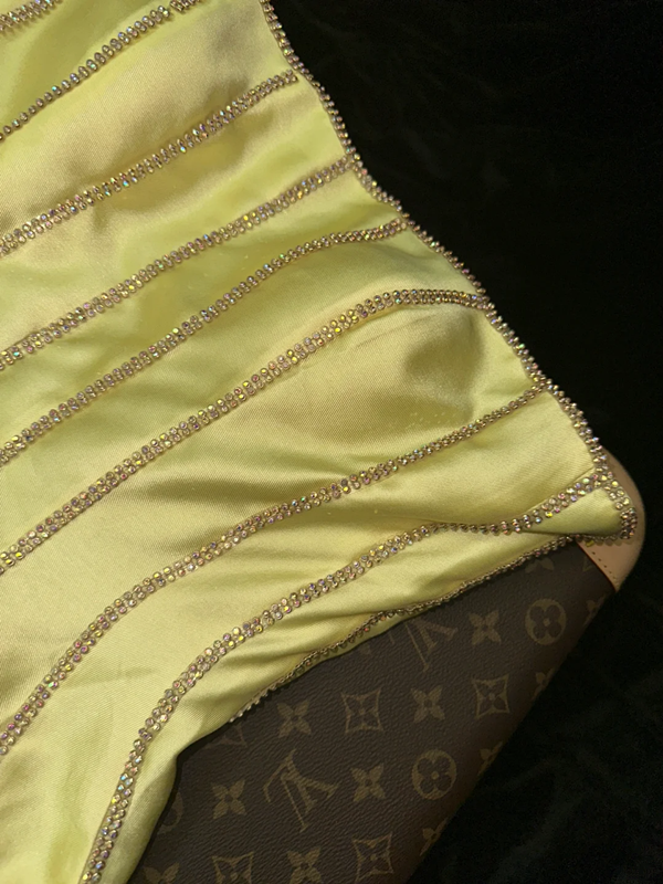 Yellow strapless fitted long ball gown R6984