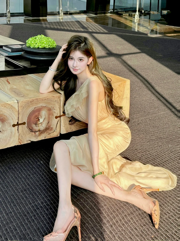 Apricot One-Shoulder Waist-Cinched Fitted Floor-Length Elegant Prom Dress R7104