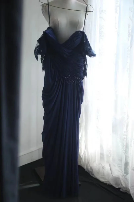 Navy blue lace-sleeved, fitted, pleated, bodycon long ball gown R6745