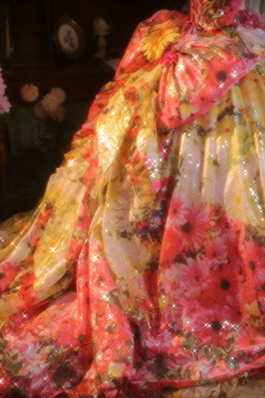 Pink retro floral strapless waist-cinching ball gown/bridal dress R7277