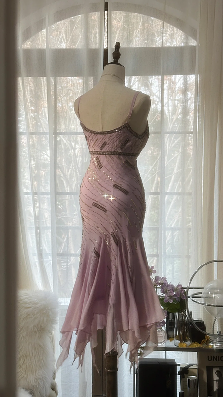 Light pink halter-neck fitted waist slim-fitting irregular hem midi ball gown R7700