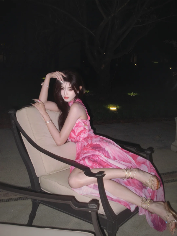 Pink floral print halter-neck fitted waist slit sexy long ball gown R7064