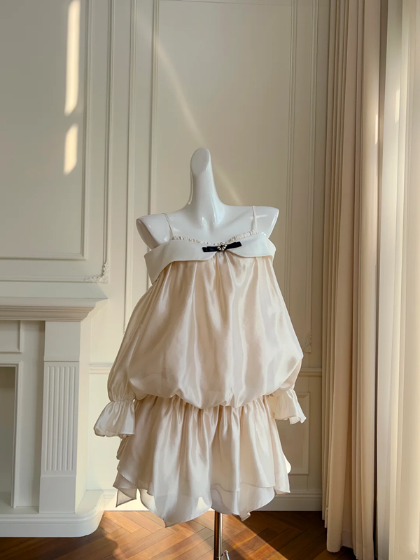 Off-white strapless one-shoulder long-sleeved loose short skirt homecoming dress R5014