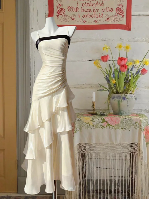 Elegant apricot-colored satin halter top with a fitted waist, pleated ruffled hem, long ball gown R6226