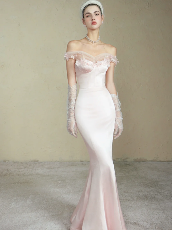 Pink one-shoulder satin waist slim mermaid maxi bridal gown R5791