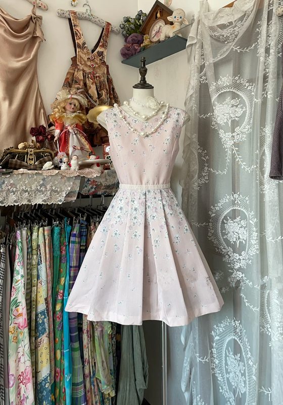 Pink sleeveless floral A-line mini dress, prom dress R6265