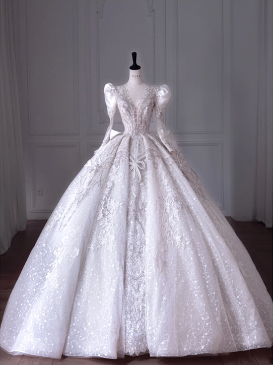 White Rhinestone-Embellished Long-Sleeve Fitted-Waist Slim-Fit Puffy Hem Long Bridal Gown R5905
