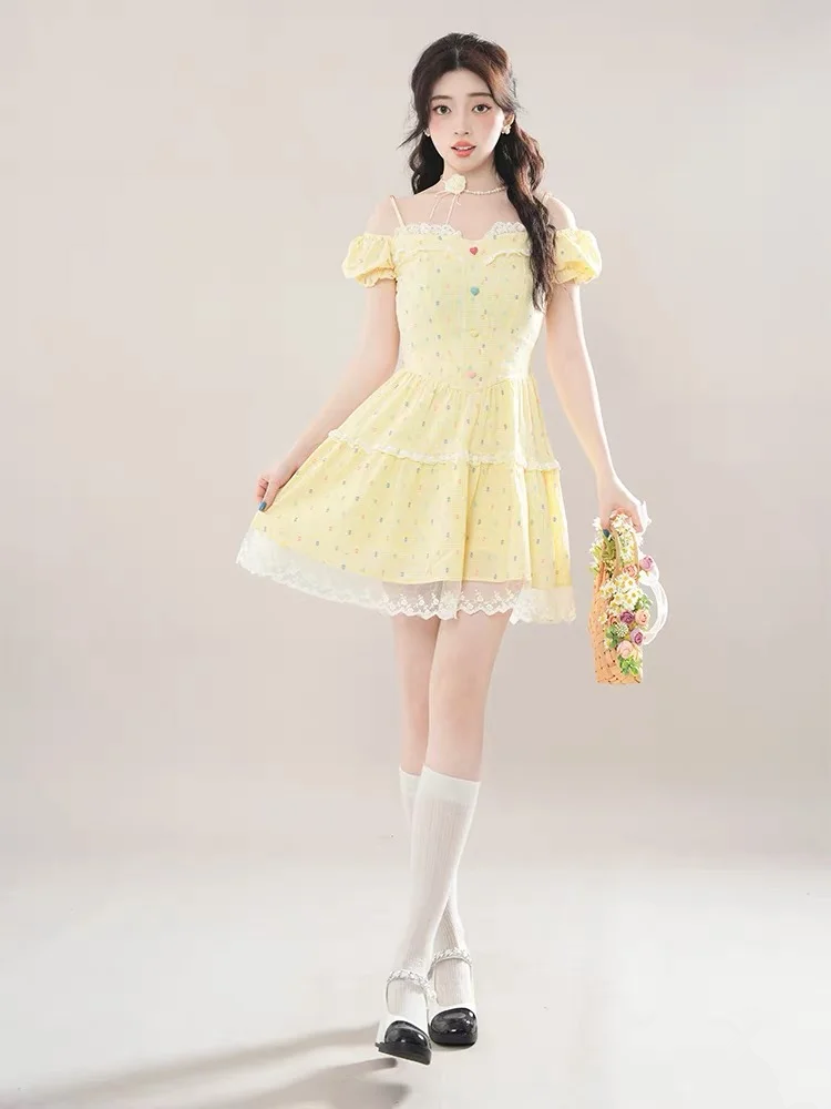 Yellow strapless one-shoulder waist slim A-line short skirt homecoming dress R5275