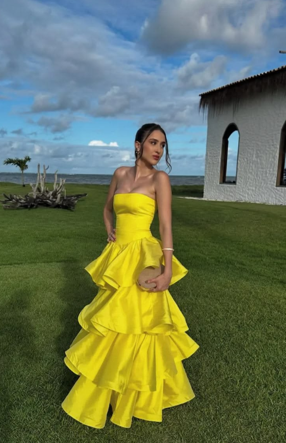 Ruffled Silky Corset Prom Gown , Yellow Vibrant Women's Maxi Evening Dress Birthday Dress RS2587