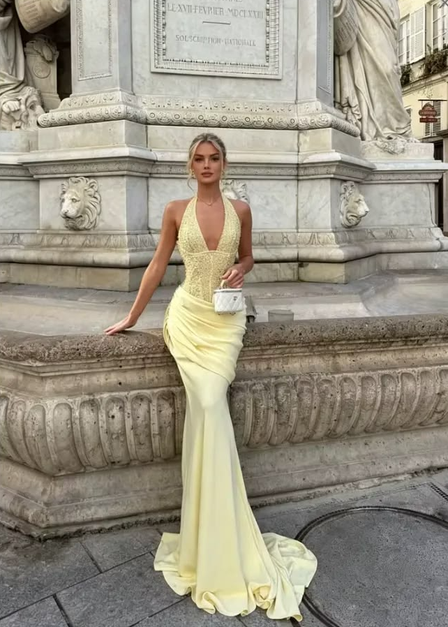 Flowy Chiffon Halter Bodycon Prom Gown , Pastel Yellow Women's Maxi Evening Dress RS2310