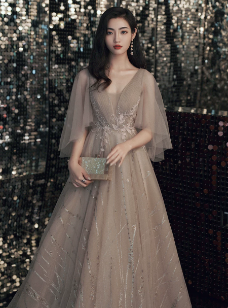 Puffy Glitter Tulle Corset Prom Gown , Champagne Women's Maxi Evening Dress RS2317