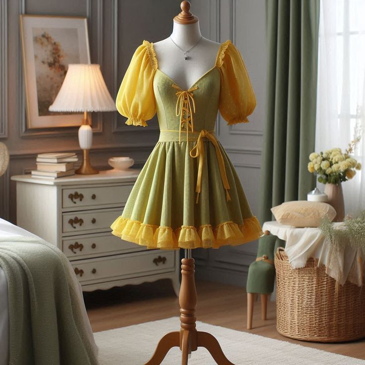 Green square neck slim puff sleeves lace hem homecoming dress R2567