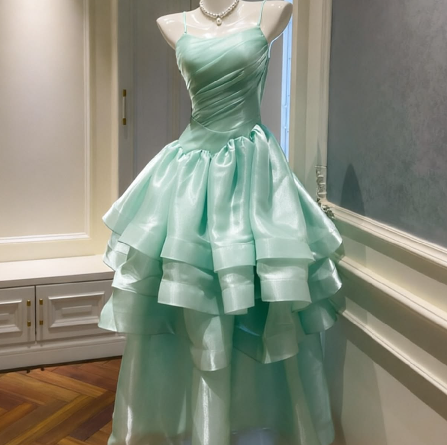 Ruffled Silky Women's Homecoming Dress Mint Green Corset Hi-Lo Short Prom Dress RS2336