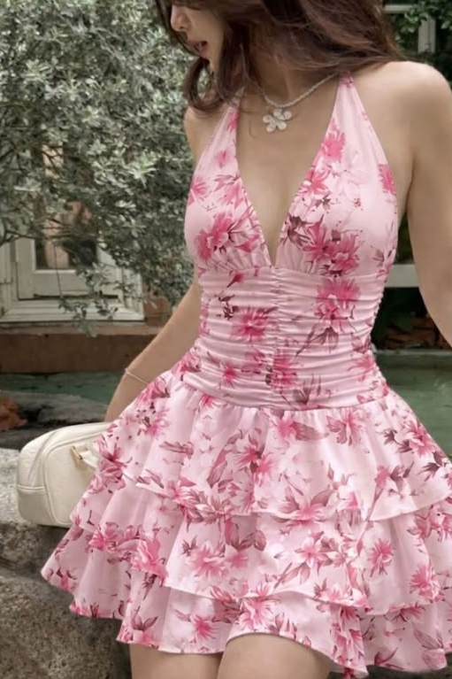 Floral Sweet Halter Women's Homecoming Dress Pink Corset Mini Short Prom Dress Party Dress RS2338