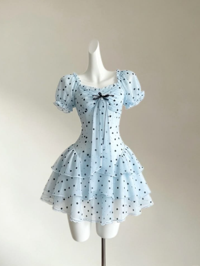 Polka Dots Chiffon Women's Homecoming Dress Blue Corset Short Prom Dress Summer Dress RS2351