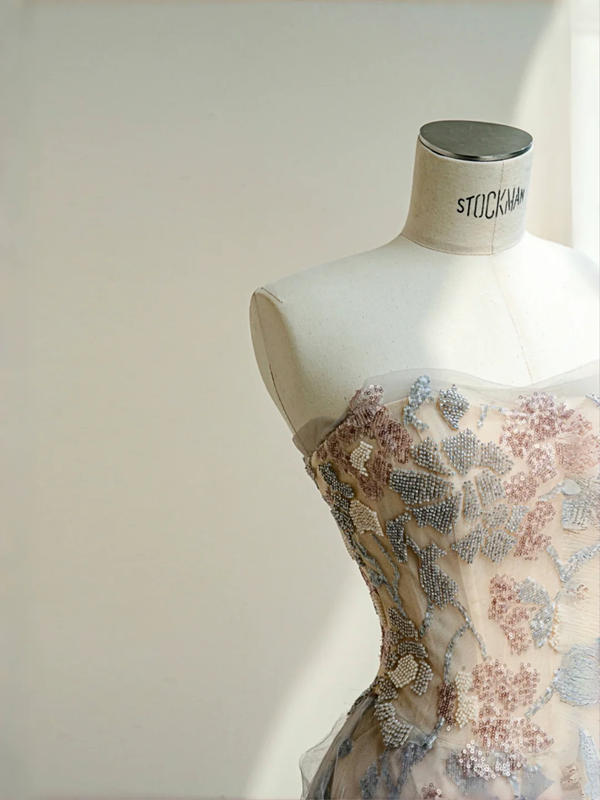 Pink Strapless Beaded Slim A-Line Maxi Dress, prom dress R5635