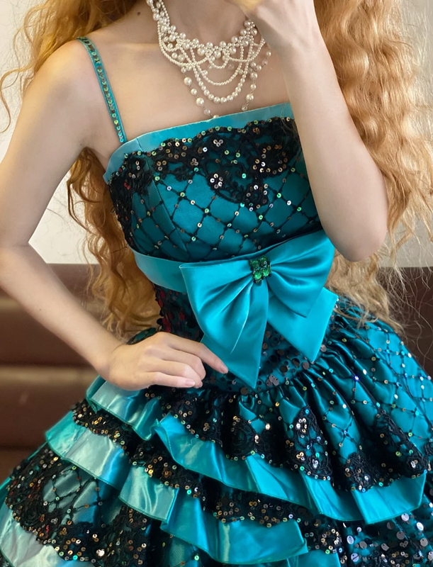 Blue Spaghetti Strap Waist-Cinched Puff Tiered Skirt Ball Gown R7387