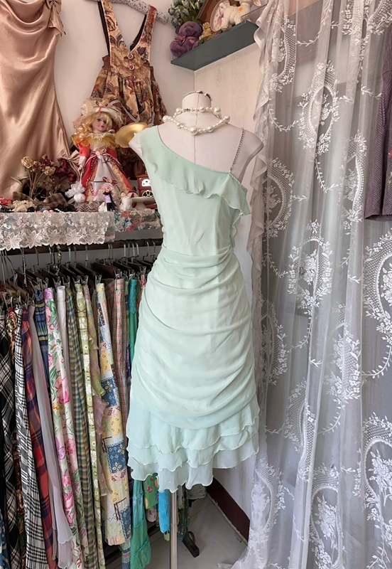 Light blue one-shoulder sexy ruffled maxi dress, ball gown R6345