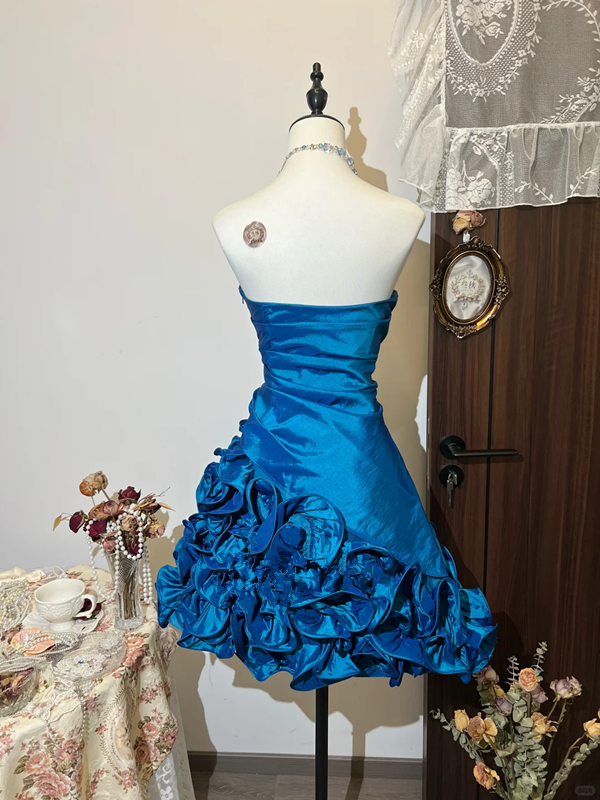 Blue tube top waist flower skirt temperament princess skirt homecoming dress R4242