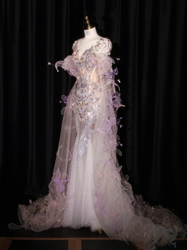 Light purple V-neck fitted waist bodycon long ball gown/bridal dress R8932