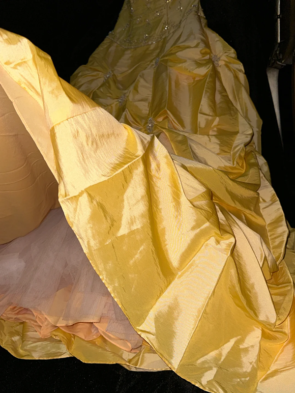 Yellow strapless fitted waist puffy princess long ball gown R7025