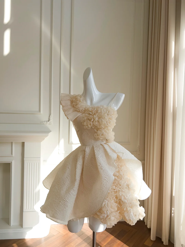 Brown asymmetrical suspender design three-dimensional flower waist slim fit puffy skirt homecoming dress R5015