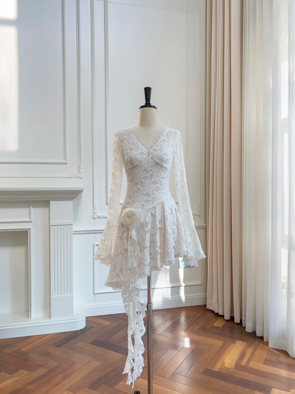 White lace long-sleeved V-neck waist slim irregular skirt short skirt homecoming dress R5055