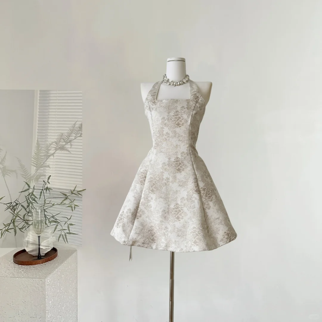 Retro halter neck waist slim fit brown A-line slim short skirt homecoming dress R4365