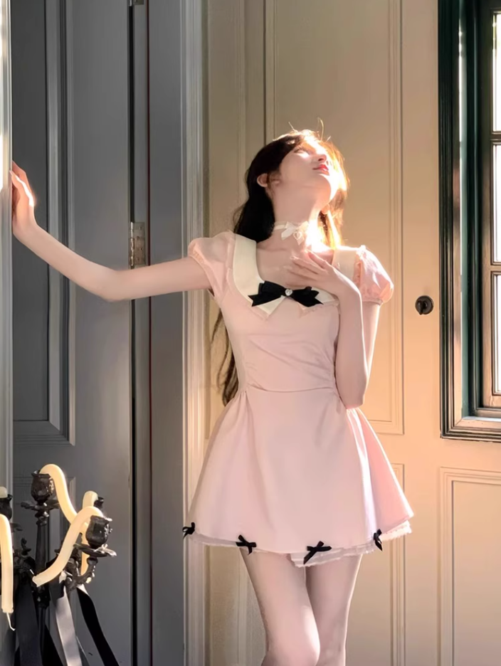 Sweet baby doll collar puff sleeve dress 2025 waist bow a-line princess dress R1192