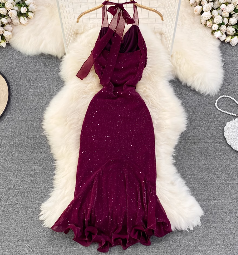 Evening dress high-end atmospheric slim long dress sequined halter neck backpack hip fishtail dress R0399