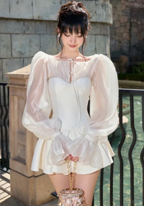 White satin elegant waist slim fit short skirt homecoming dress R4405