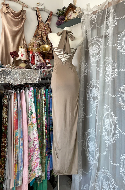 Light brown halter neck slim waist sexy hip long skirt prom dress R6147