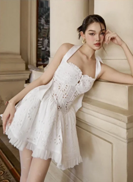 White halterneck hollow waist elegant A-line long skirt short skirt homecoming dress R4648