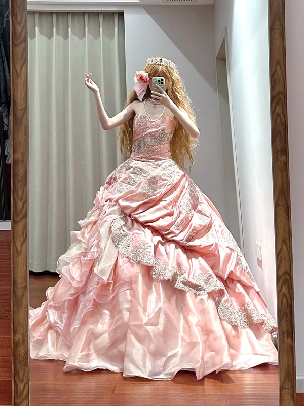Light pink strapless fitted waist slim-fitting ball gown/bridal dress R8630