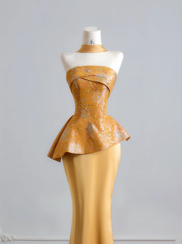 Gold strapless fitted top and bodycon skirt set, a sexy ball gown/bridal dress R8133