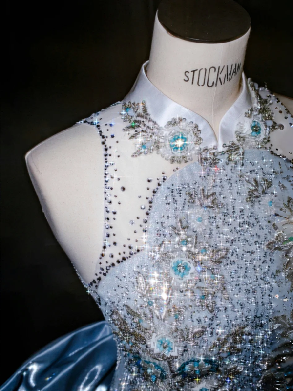 Light blue sequined sleeveless waist slim hip sexy skirt, prom dress R5672