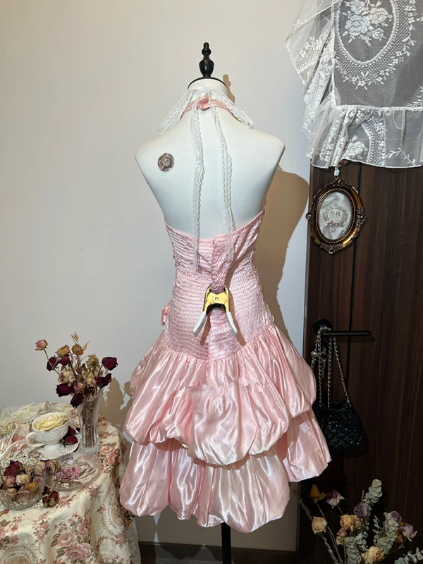 Pink halter neck slim waist flower bud cute short skirt homecoming dress R4243