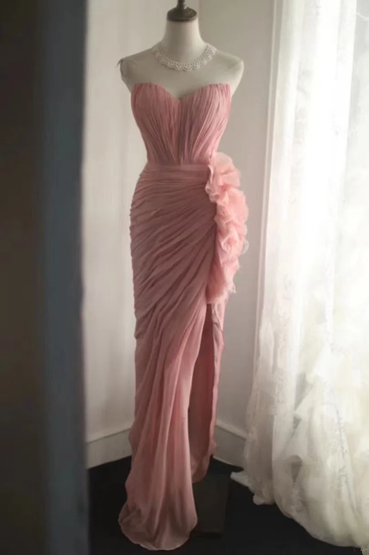 Pink strapless, fitted waist, sexy pleated long ball gown R6707
