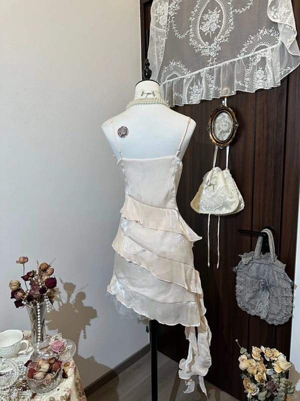 Light pink suspender satin ruffle design waist slim irregular skirt short skirt homecoming dress R4325