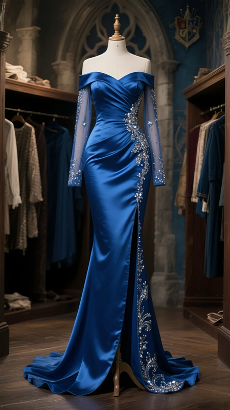 Dark blue one-shoulder slim waist satin elegant hip-wrapped maxi ball gown R6086