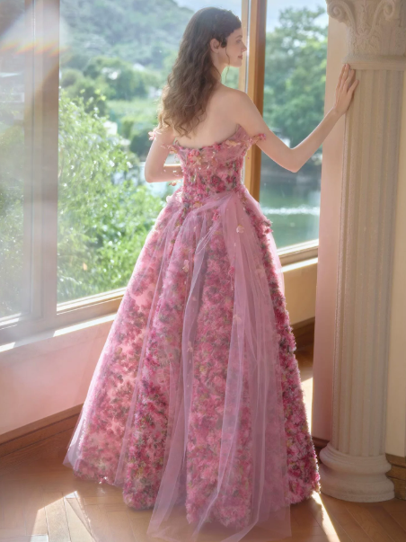 Tulle Floral Hazy Corset Prom Gown , Barbie Pink Women's Maxi Birthday Dress RS2507