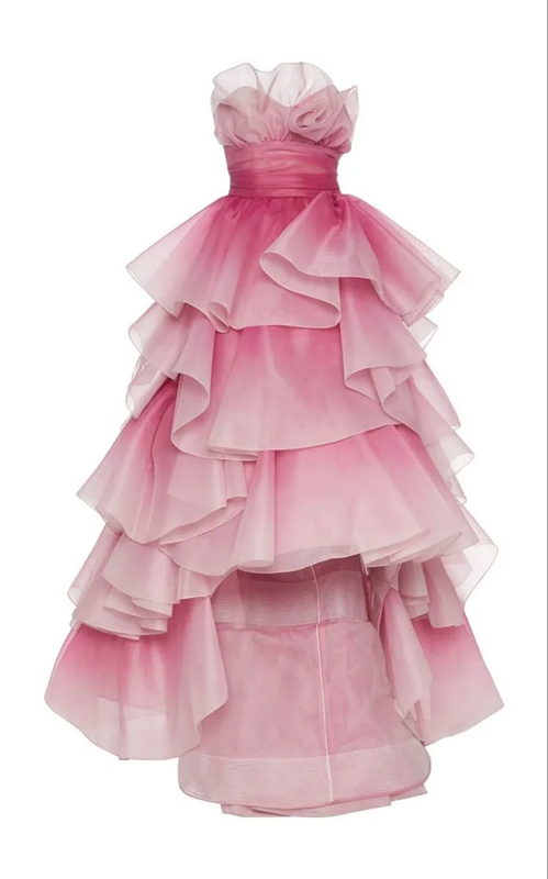 Pink gradient strapless waist-cinching cake skirt long ball gown/bridal dress R8570