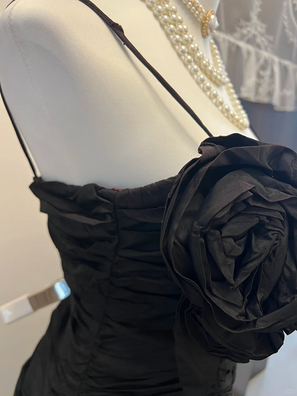 Black suspender waist fishtail skirt pleated hip sexy long skirt homecoming dress R4286